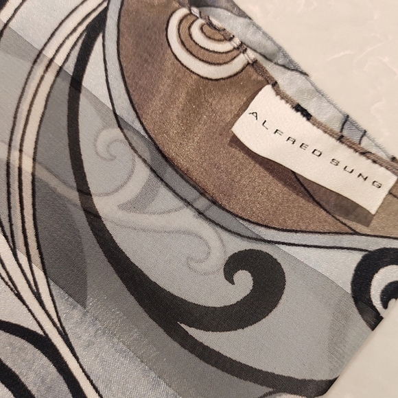 ALFRED SUNG | 100% Silk Oblong Scarf Gray, Taupe Black Modern Abstract Design - Picture 5 of 12